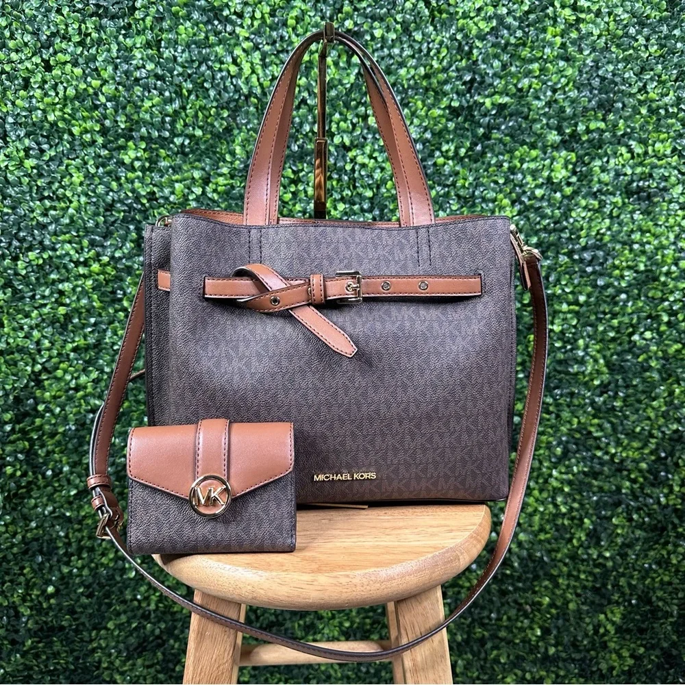 Nwot Michael Kors large Emilia Satchel Shoulder Crossbody Bag w/ matching wallet - Picture 3 of 17